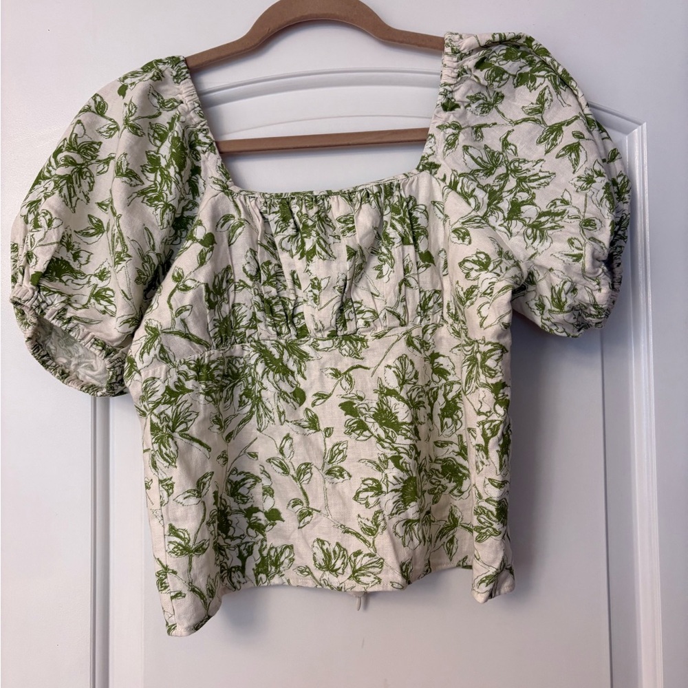 Greylin Cream Top with Green Botanical Print and Puff Sleeves